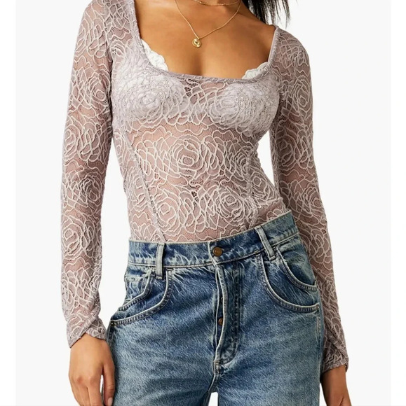 Free People - In My Head Sheer Lace Bodysuit in Thimble - Picture 2 of 5